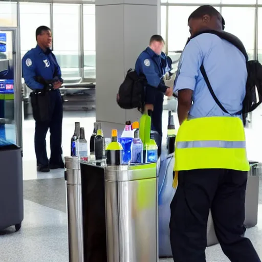 Image similar to Airport security guards stuffing large bottles of water and shampoo into their backpacks, laughing and laughing