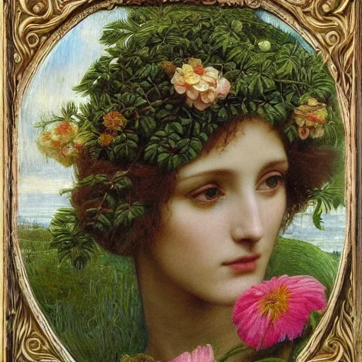 Prompt: Pre-Raphaelite goddess of nature in the style of John William Godward, close-up portrait, in focus, flowers and plants,