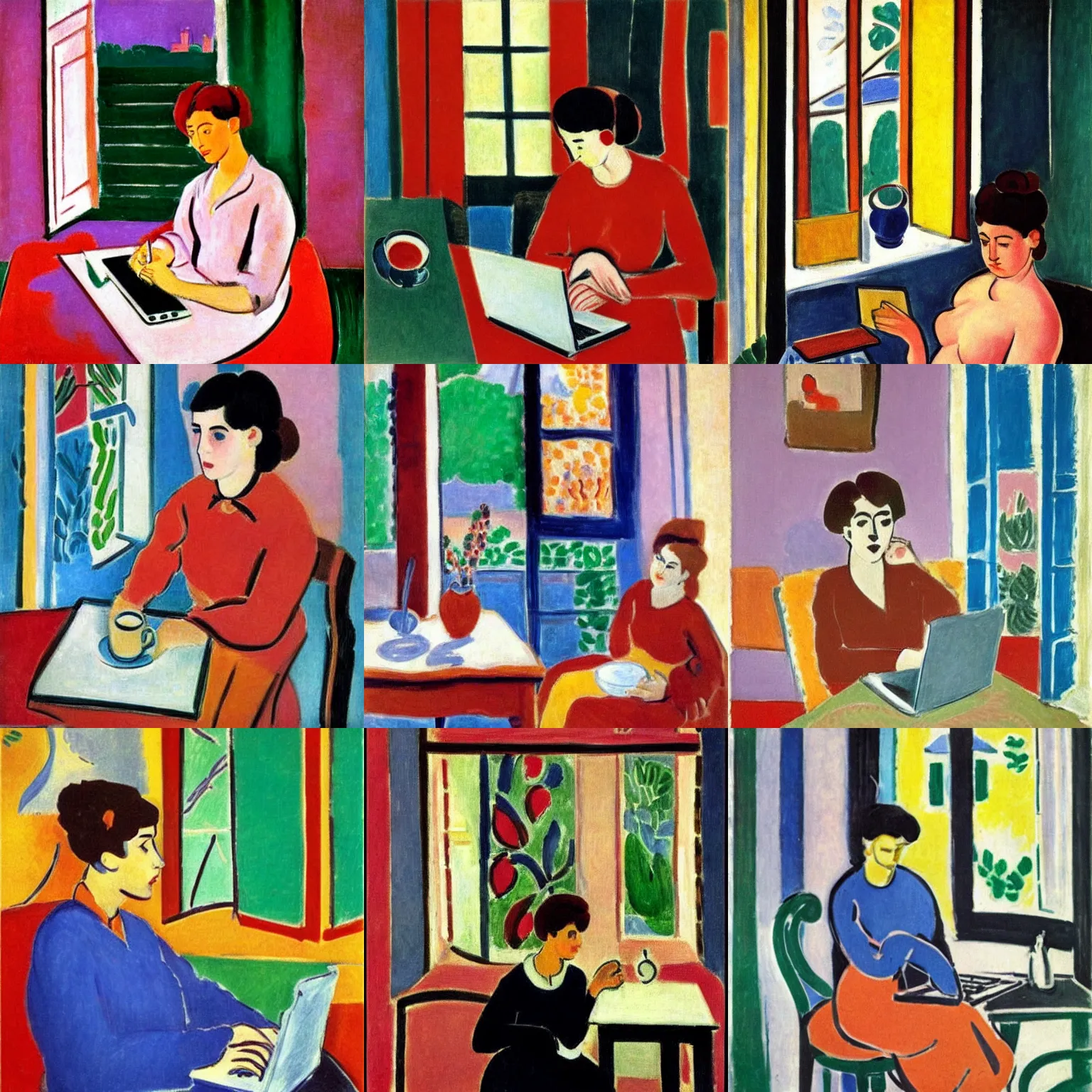 Prompt: good morning, by henri matisse 1 8 8 5. girl, laptop, hot coffee, window, sun