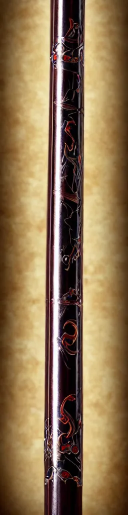 Image similar to single wooden long straight thin ninja fighting staff decorated with oriental ornaments, polished, weapon, highlight, vertical, centred, highly symmetric, sci - fi, fantasy, japan, dnd, close shot, bright uniform background, directional lighting, digital art, hyperrealism, award winning, 8 k