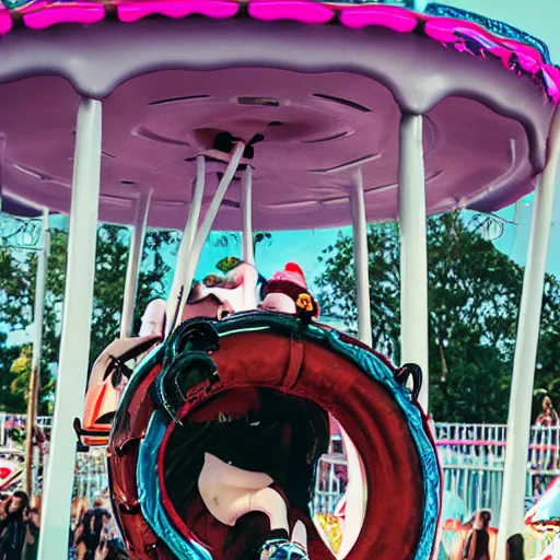 Image similar to death grips riding tilt - a - whirl at a carnival, eating cotton candy, mc ride, zach hill, andy morin,