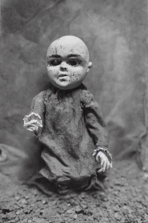 Prompt: dirty cracked crying vintage evil bald doll sitting in dirt basement cobwebs tintype photo