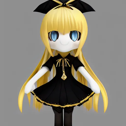 Image similar to cute fumo plush of a gothic maiden in a gold and black uniform, laces and ribbons, soft shadow, anime girl, vray, white frame