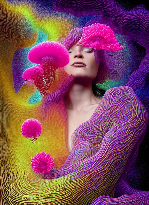 Image similar to hyper detailed 3d render like a Oil painting - Aurora (Singer) seen Eating of the Strangling network of yellowcake aerochrome and milky Fruit and Her delicate Hands hold of gossamer polyp blossoms bring iridescent fungal flowers whose spores black the foolish stars by Jacek Yerka, Mariusz Lewandowski, Houdini algorithmic generative render, Abstract brush strokes, Masterpiece, Edward Hopper and James Gilleard, Zdzislaw Beksinski, Mark Ryden, Wolfgang Lettl, hints of Yayoi Kasuma, octane render, 8k