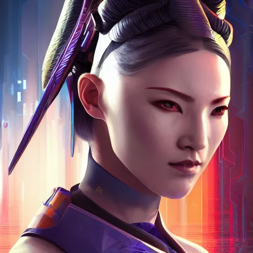 Image similar to a stunning portrait of samurai netrunner woman cyborg by Evelyn De Morgan and Ross Tran, cyberpunk 2077 rossdraws, fresco, hard surface