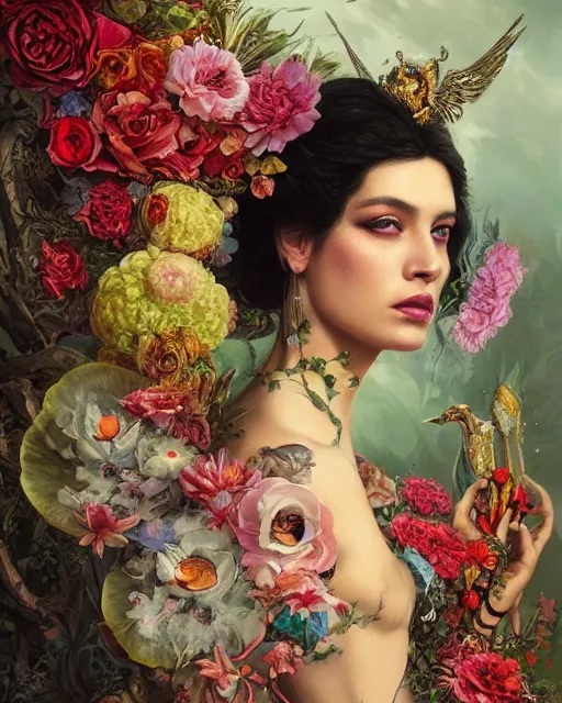 Prompt: portrait of the mexican queen of the underworld, surrounded by flowers by karol bak, james jean, tom bagshaw, rococo, sharp focus, trending on artstation, cinematic lighting, hyper realism, octane render, 8 k, hyper detailed.