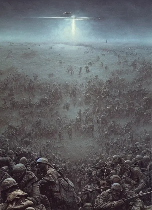 Image similar to third world war, 8 k, artstation, highdetailed, painting by beksinski,