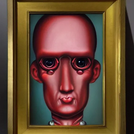 Prompt: a mark ryden painting of a half man half robot