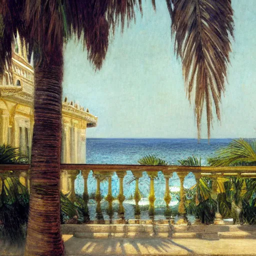 Image similar to a ultradetailed beautiful painting of the amazonas palace balustrade designed by jules bastien - lepage, tarsila do amaral, frank weston and gustave baumann, beach, trending on artstation, mediterranean, palm trees, detailed face, sharp focus, soft light, 8 k 4 k