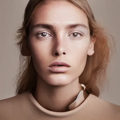 Image similar to close up of face of female fashion model in minimalistic dress, beige colors, official jil sander editorial, highly detailed