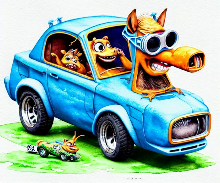 Prompt: cute and funny, horse wearing goggles driving a tiny hot rod with an oversized engine, ratfink style by ed roth, centered award winning watercolor pen illustration, isometric illustration by chihiro iwasaki, edited by craola, tiny details by artgerm and watercolor girl, symmetrically isometrically centered