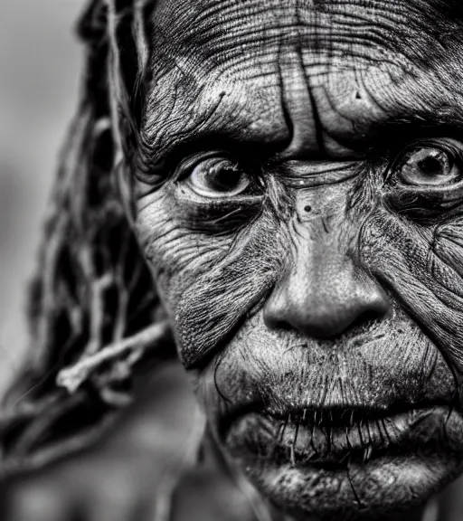 Image similar to Award winning reportage photo of Tuvalu Natives with incredible hair and beautiful hyper-detailed eyes wearing traditional garb by Lee Jeffries, 85mm ND 5, perfect lighting, gelatin silver process