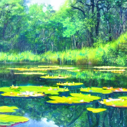 Image similar to a pond with water lillies in the forest, in the style of Gordon Onslow Ford,