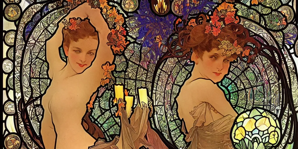 Prompt: a full party at midnight, dark night, indoors, cuddling, bay area, candles, hot tub, fire pit, art by alphonse mucha, intricate stained glass