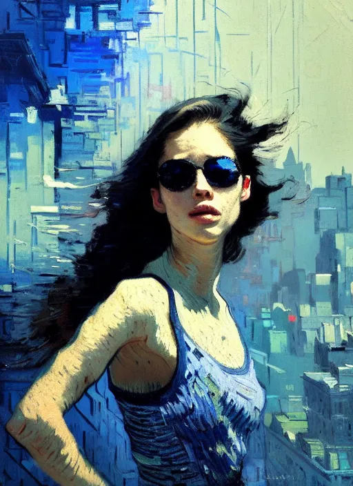 Image similar to portrait of beautiful girl, ecstatic, dancing, eyes closed, shades of blue and grey, new york backdrop, beautiful face, rule of thirds, intricate outfit, spotlight, by greg rutkowski, by jeremy mann, by francoise nielly, by van gogh, digital painting