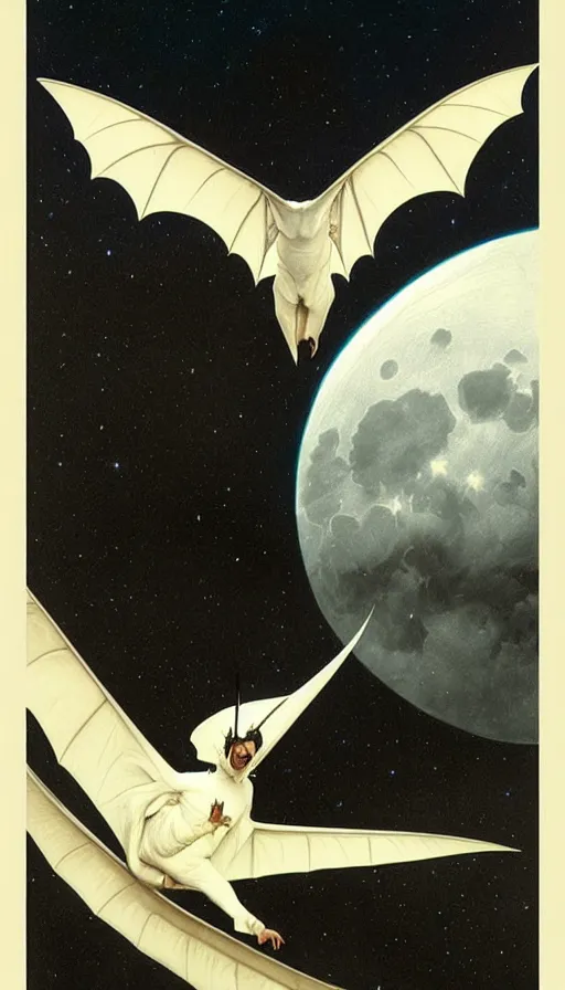 Image similar to hyper realistic white bat, flying against a dark black night sky, mountain in the background, moonlight, denoised, very detailed, painted by james gurney, alphonso mucha, norman rockwell, tom bagshaw