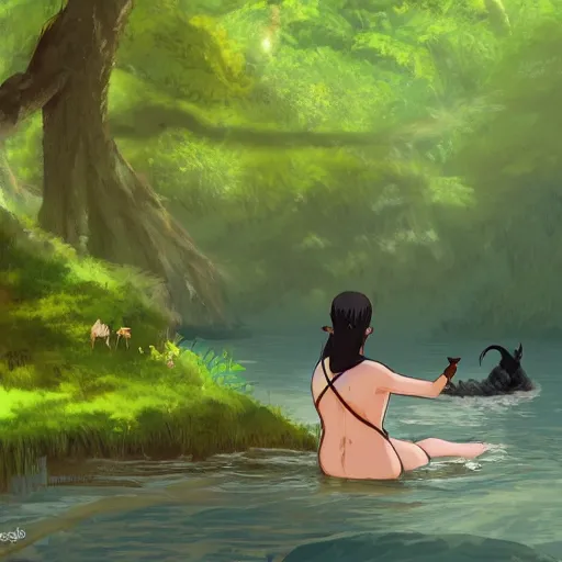 Prompt: a rough digital painting of a person with furry goat legs lounging next to a river with a finger in the water in the forest, digital painting, fantasy, studio ghibli environment, overhead canopy