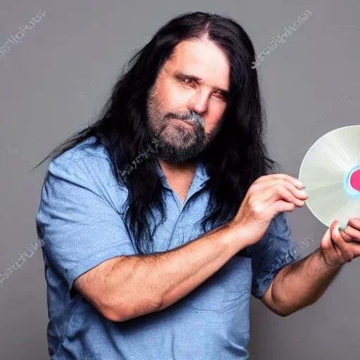 Image similar to middle aged man with long black hair holding a cd