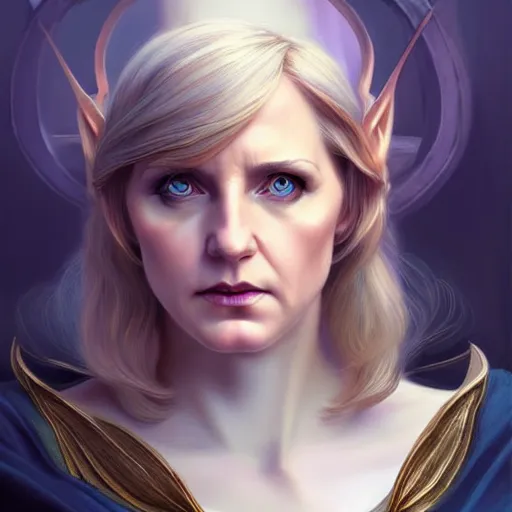 Image similar to half elf sorceress looking like angela merkel, D&D, blue eyes, blonde hair, fantasy, intricate, elegant, highly detailed, digital painting, artstation, concept art, smooth, sharp focus, illustration, art by artgerm and greg rutkowski and alphonse mucha