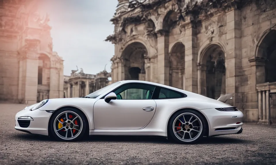 Image similar to closeup photo of a porsche 911 standing in a beautiful palace, dof, chromatic aberration