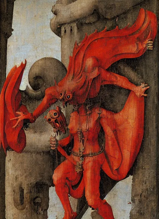 Image similar to red devil Gargoyle, Medieval painting by Jan van Eyck, Hieronymus Bosch, Florence