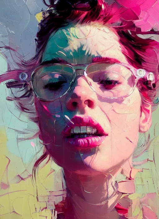 Prompt: portrait of a beautiful girl, happy, eyes closed, open mouth, shades of pink, beautiful face, rule of thirds, intricate outfit, spotlight, by greg rutkowski, by jeremy mann, by francoise nielly, by van gogh, digital painting