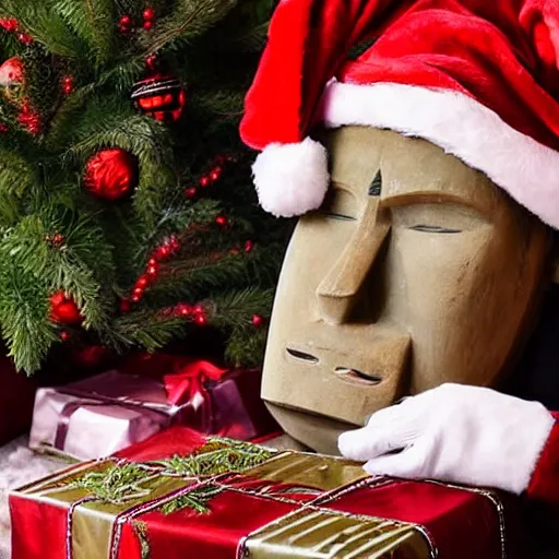 Image similar to a kid at christmas disappointed and crying looking a giant moai statue, his hands buried in his face, sitting down, looking disgusted and annoying | inside of a house next to a christmas tree, large opened present box next to the moai