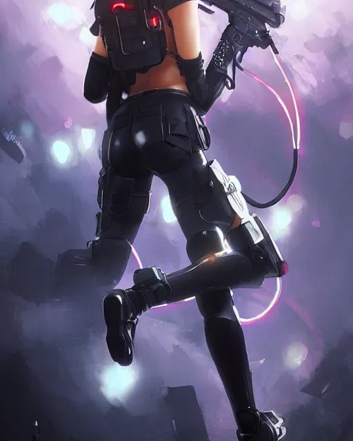 Image similar to nami, anime key visual of a young female swat officer, neon, cyberpunk, futuristic, white top, black vest, stunning, highly detailed, digital painting, smooth, soft focus, illustration, 4 k digital art from artstation by artgerm and greg rutkowski and alphonse mucha