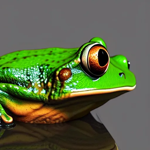 Prompt: The Wednesday frog and all his orbs hanging out, high quality render, realistic reflections, reflective surfaces, natural lighting, the orbs of BYOB, The Wednesday Frog, background details, highly a detailed, hyper realistic