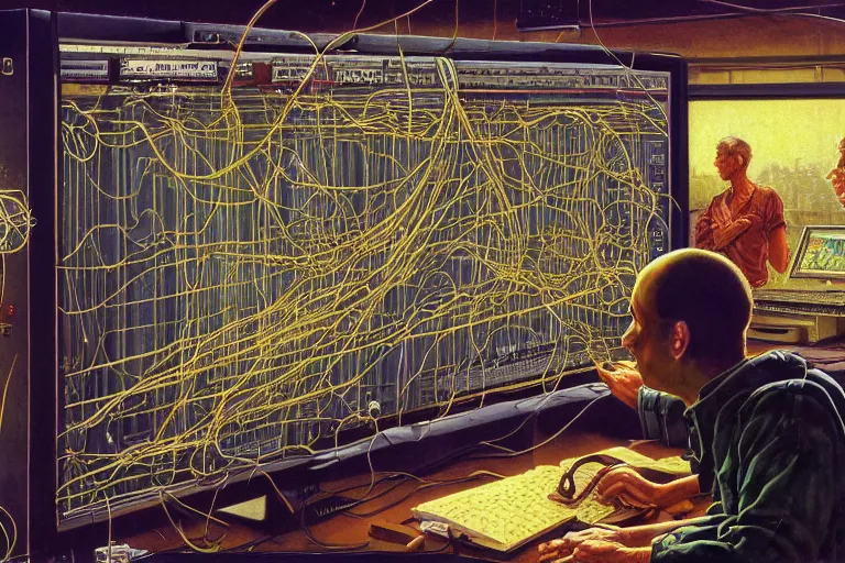 Prompt: photo of node visual language and programmer shaped of wires, coder web of wires on big monitor, mid shot, norman rockwell, tim hildebrandt, viktor safonkin, dariusz zawadzki, bruce pennington, larry elmore, intricate details, hyperrealistic oil painting on canvas, deep depth field