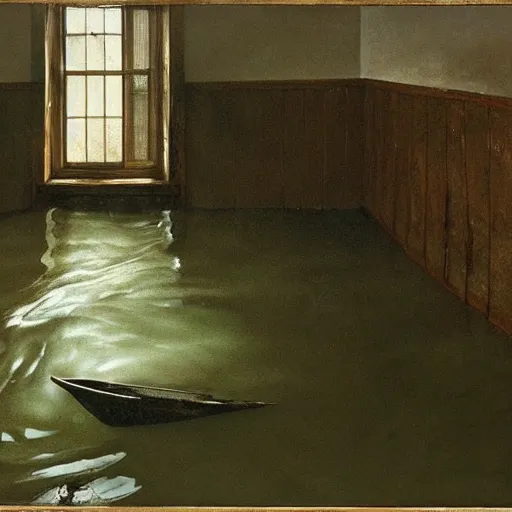 Image similar to painting of the inside of a flooded house, by Andrew Wyeth