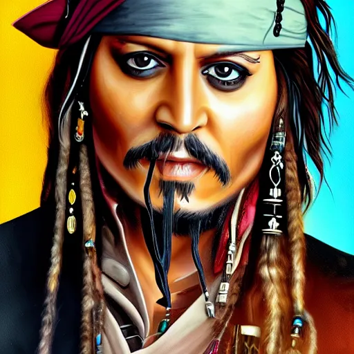 Image similar to portrait of johnny depp as captain jack sparrow, highly detailed, centered, solid color background, digital painting