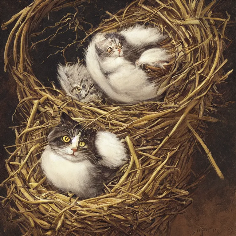 Prompt: a plump cartoon cat with feathers sitting in a bird nest by Justin Gerard