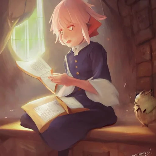 Prompt: little witch opening a book, artwork by cushart, krenz