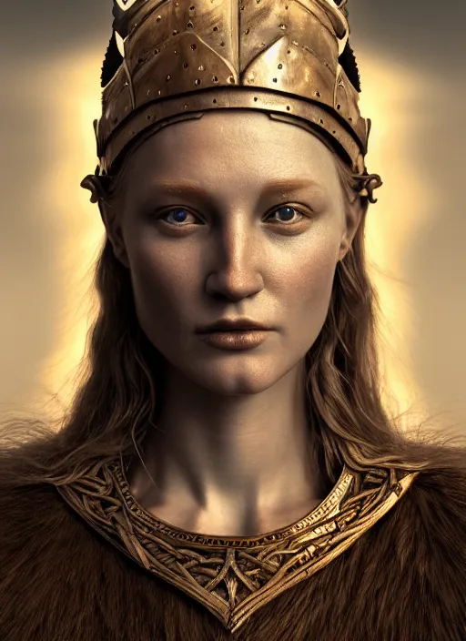 Image similar to hyperrealistic mixed media portrait of a beautiful viking woman, stunning 3d render inspired art by Michael Parkes and Boris Vallejo + perfect facial symmetry + dim volumetric lighting, 8k octane beautifully detailed render, post-processing, extremely hyperdetailed, intricate, epic composition, grim yet sparkling atmosphere, cinematic lighting + masterpiece, trending on artstation