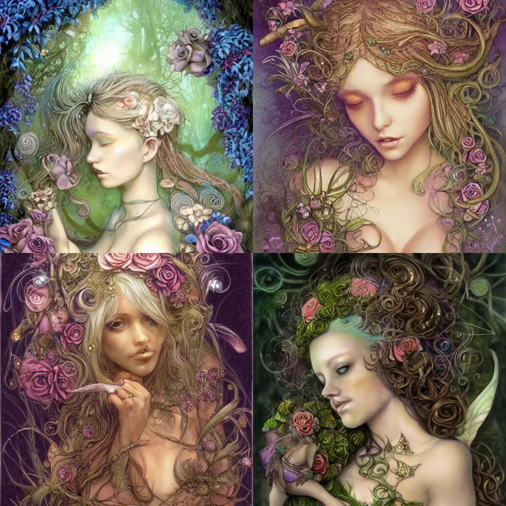 Prompt: beautiful faeriecore chubby female faerie, exotic fey features, intricate, tanned skin, art by brian froud and rebecca guay, silver braided hair with roses on it, magical forest, soft lights, whimsical, highly detailed, digital painting, artstation, concept art, smooth, sharp, focus, illustration-W 600