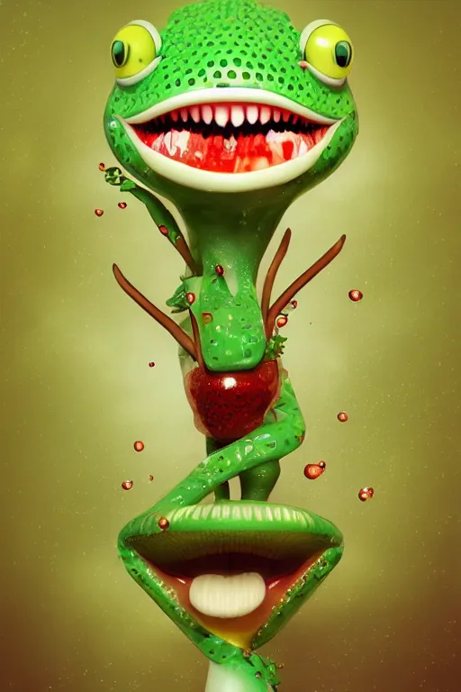 Image similar to hyperrealistic anthropomorphic cartoon 3 d unreal engine red and white polka dot venus fly trap shiny luscious lips slick wet tongue, cinematic lighting golden hour wedding photography