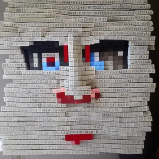 Prompt: steve from minecraft made with trimmings of newspapers