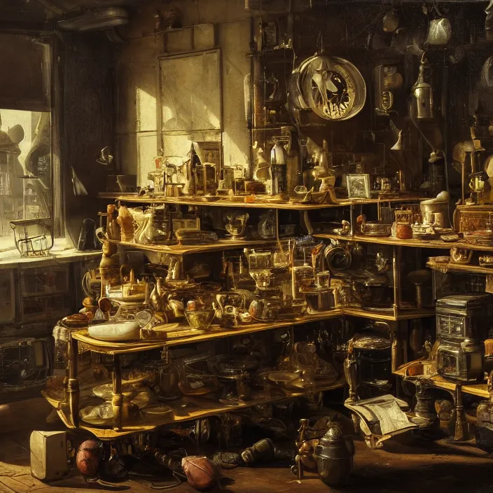 Image similar to still life photo of a cyberpunk junk shop by pieter claesz, oil on canvas, strong lighting, highly detailed, hyper realism, golden hour, god rays, hd, 4 k