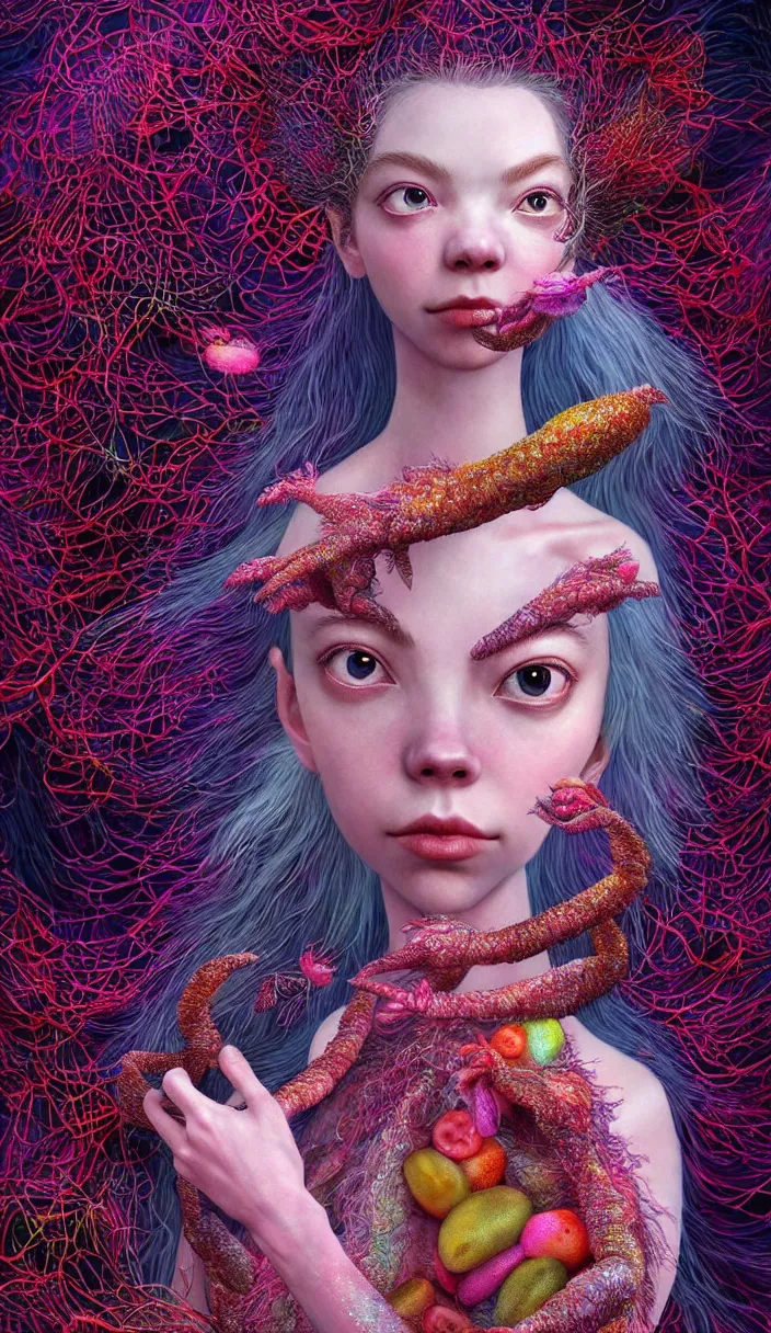 Image similar to hyper detailed 3d render like a Oil painting - kawaii portrait Aurora (a beautiful skeksis queen from dark crystal that looks like Anya Taylor-Joy) seen red carpet photoshoot posing in scaly dress to Eat of the Strangling network of yellowcake aerochrome and milky Fruit and His delicate Hands hold of gossamer polyp blossoms bring iridescent fungal flowers whose spores black the foolish stars by Jacek Yerka, Ilya Kuvshinov, Mariusz Lewandowski, Houdini algorithmic generative render, Abstract brush strokes, Masterpiece, Edward Hopper and James Gilleard, Zdzislaw Beksinski, Mark Ryden, Wolfgang Lettl, hints of Yayoi Kasuma, octane render, 8k