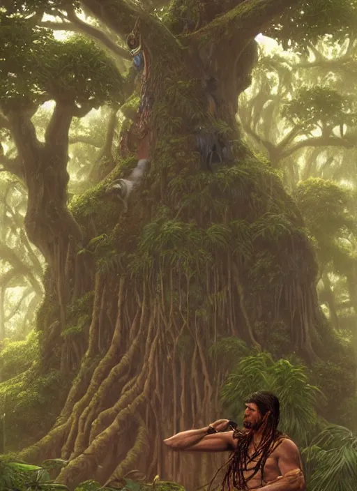 Image similar to a shaman sitting in the jungle, with giant face of an ancestor in a tree behind him, hyper detailed, art by christophe vacher