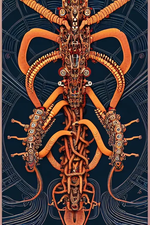 Prompt: a centered uncut fullbody frontview portrait of a robotic hydra / gorgon headed biomechanical creature by clogtwo and subjekt zero feat paul lewin and ø - cult. intricate detailed sharp clean textured very ornated. indian style tapestry design. hd. 4 k. lowbrow color palette