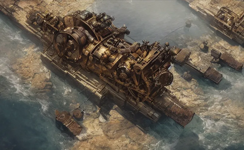 Prompt: huge steampunk naval cannon firing rounds bigger than people from a coastal fortification, octane render by greg rutkowski, ferdinand knab, makoto shinkai. digital render