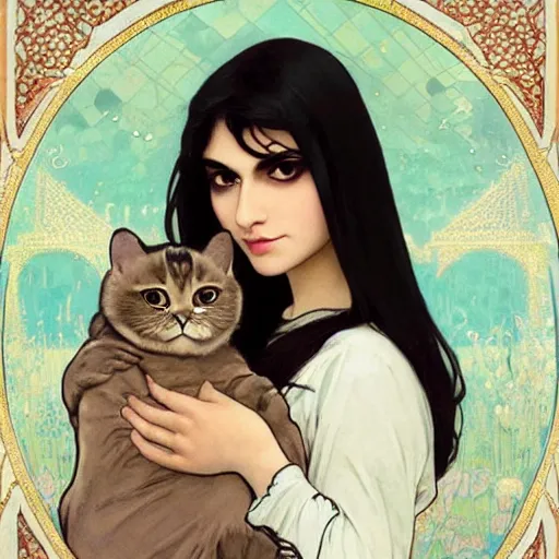Image similar to cute emo persian woman, with long dark hair, thick eyebrows!!! dark eyes and dark circles!, wide nose!!!, big eyes, oval face shape, big cheeks!, she is holding a cat in her arms, by juan villafuerte, greg rutkowski and alphonse mucha, pexels contest winner, high quality photo, hd rtx