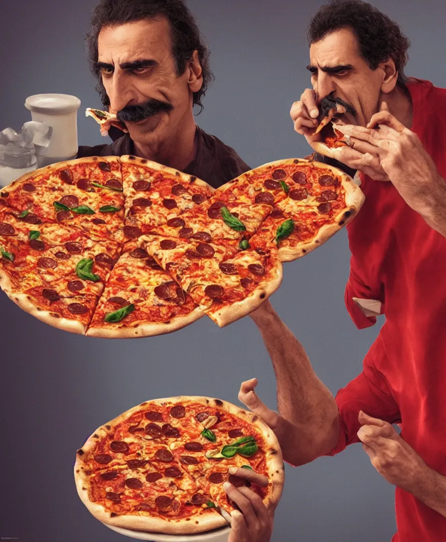 Prompt: FRANK ZAPPA EATING pizza, cinematic lighting, 8k, artstation, octane render, cinematic, hyper realism, 8k, concept art, illustration, vibrant colors