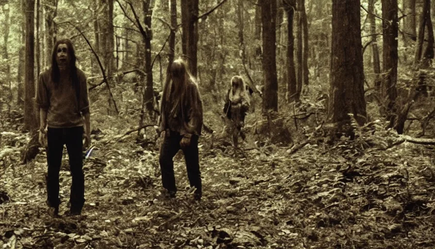 Prompt: 16 mm indie horror film about demons attacking people in the forest