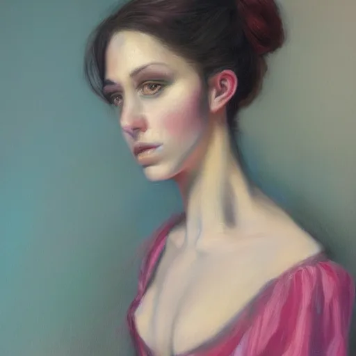 Image similar to highly detailed romantic painted portrait of a modern woman. moody and melanchony. has a bit of cyan and pink. masterpiece