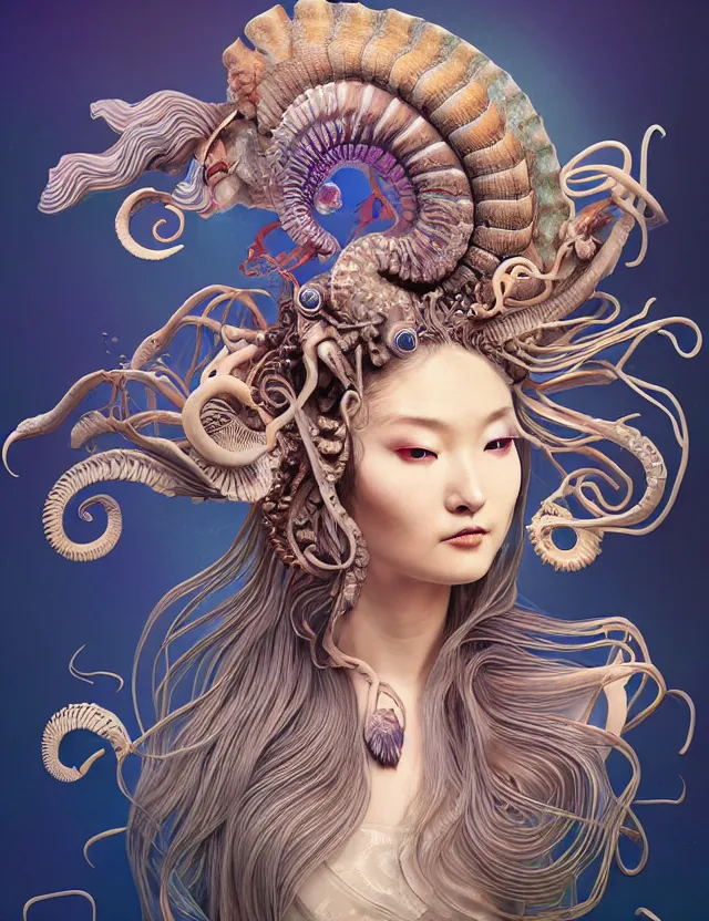 Image similar to 3 d goddess nautilus half - turn portrait with long hair with ram skull. beautiful intricately detailed japanese crow kitsune mask and clasical japanese kimono. betta fish, jellyfish phoenix, bio luminescent, plasma, ice, water, wind, creature, artwork by tooth wu and wlop and beeple and greg rutkowski