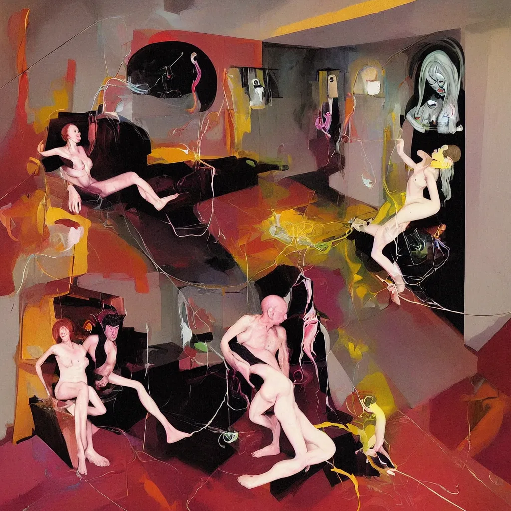 Prompt: Man and woman attached as one by love in a living room of a house, floating dark energy surrounds the middle of the room. There is an open refrigerator to the side of the room, surrounded by a background of dark cyber mystic alchemical transmutation heavenless realm, cover artwork by francis bacon and Jenny seville, part by adrian ghenie, part by jeffrey smith, part by josan gonzales, part by norman rockwell, part by phil hale, part by kim dorland, thick oil paint drip texture, muted cold colors, artstation, some pencil scribles here and there, highly detailed
