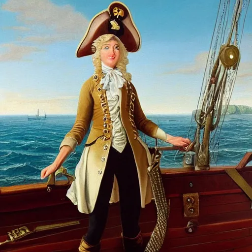 Image similar to a beautiful, friendly, calm, blonde, well - dressed, steampunk, covered, armed, pirate captain, standing on the deck of her ship gazing at the horizon in 1 7 3 0, detailed award - winning time - less painting